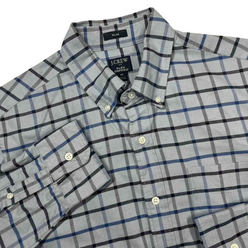 J.Crew Flex Oxford Button Down Mens M Grey Blue Plaid Slim Fit